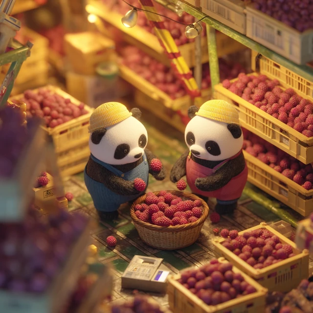 Panda Fruit Farmers Sorting Lychee in a Warehouse