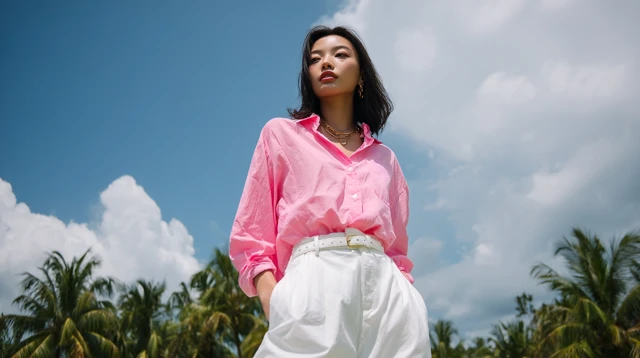 Asian Female Model in Pink Shirt and White Pants