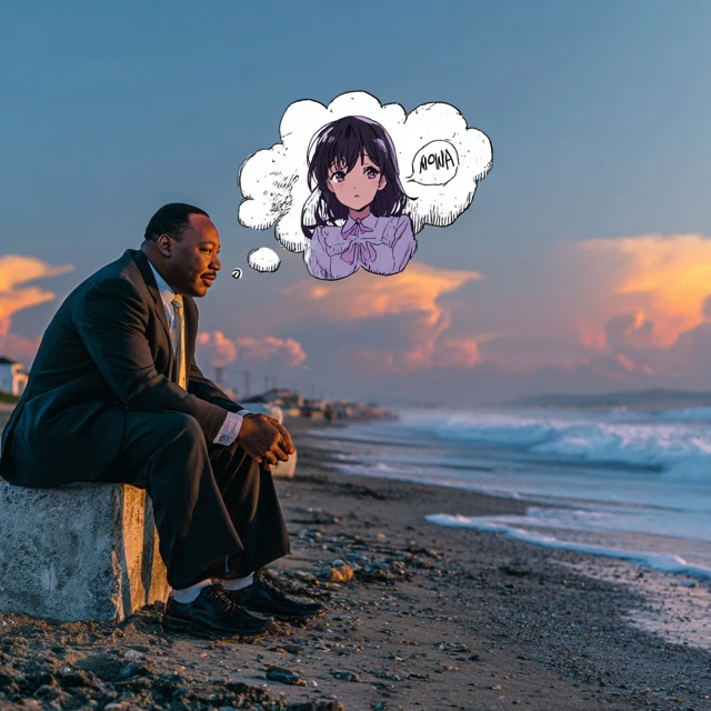 MLK on Beach with Anime Girl Thought Bubble