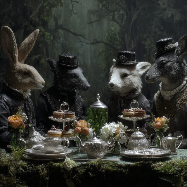 Victorian Animal Tea Party in a Forest Core Setting