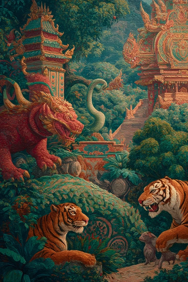 Thai Mural Mythical Creatures Temple Garden Art