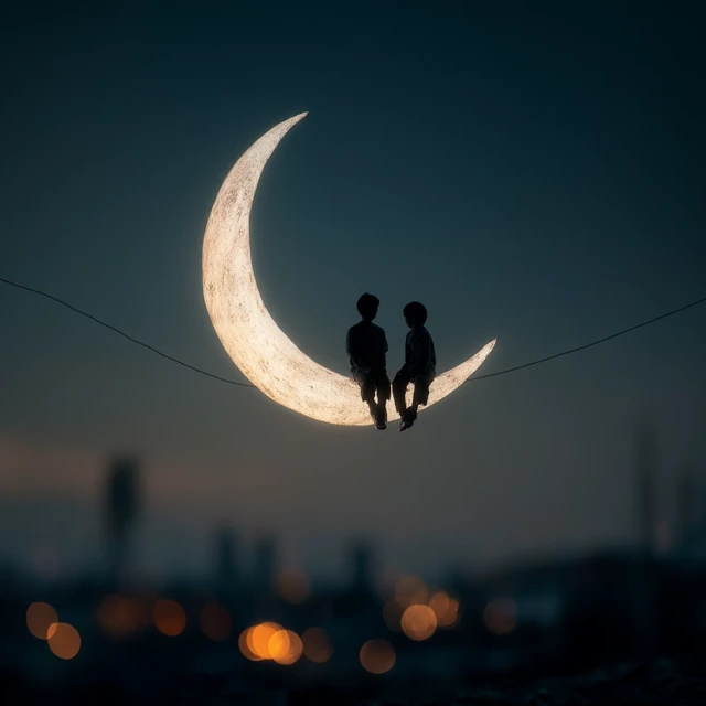 Boys on the Moon Dreamy Night Sky Scene
