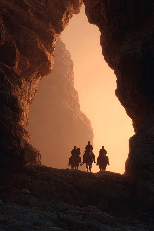 Wild West Horsemen in a Canyon Sunset