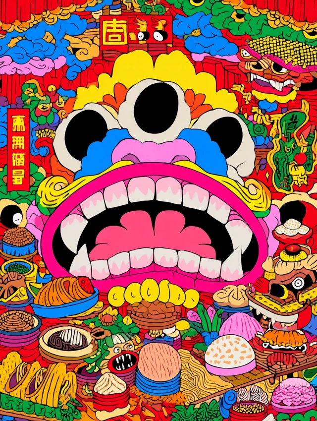 Asian Folk Art Illustration Psychedelic Colors