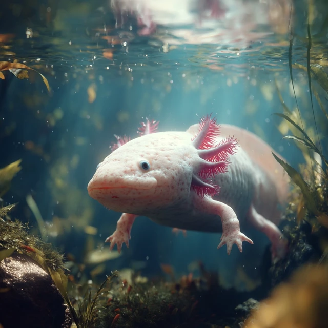 Realistic Axolotl Underwater in Clear Lake