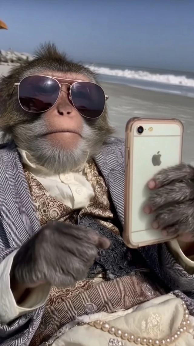 Monkey in Suit Takes Beach Selfie iPhone Video