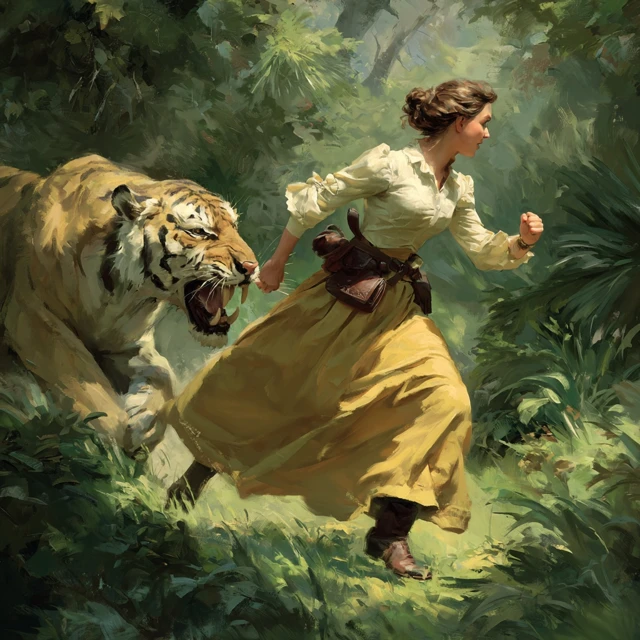 Woman Escapes Saber Tooth Tiger Historical Art