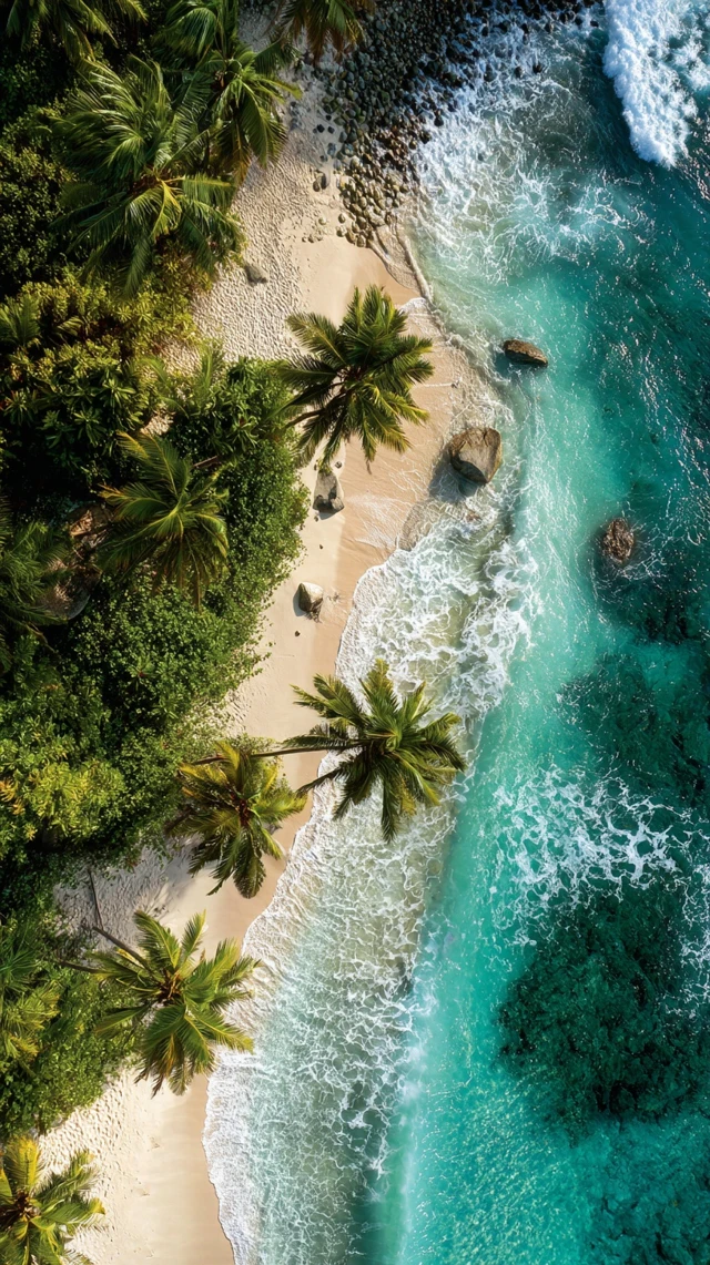 Tropical Beach Paradise Aerial View Palm Trees and Turquoise Water