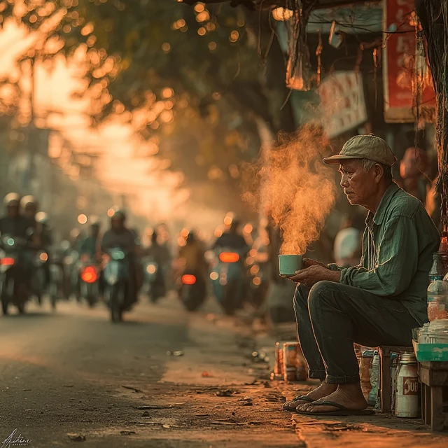 Jakarta Street Scene: Man at Warung in Rush Hour
