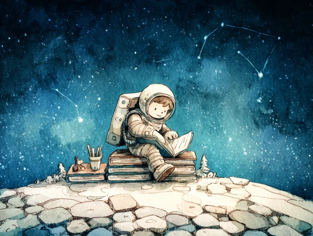 Astronaut Child Reading on the Moon Illustration