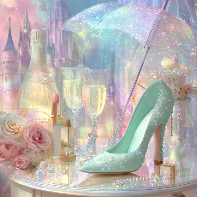 Luxury Scene Champagne Shoe Roses Pearls