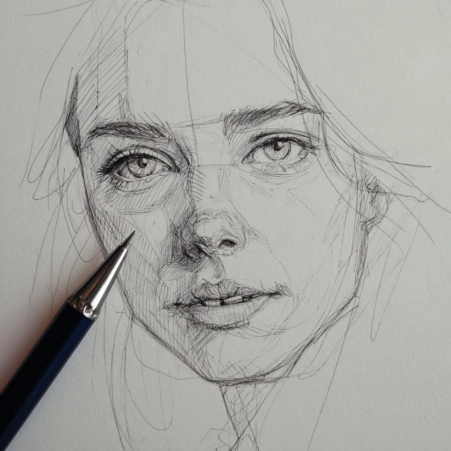 Woman''s Face Fine Line Drawing