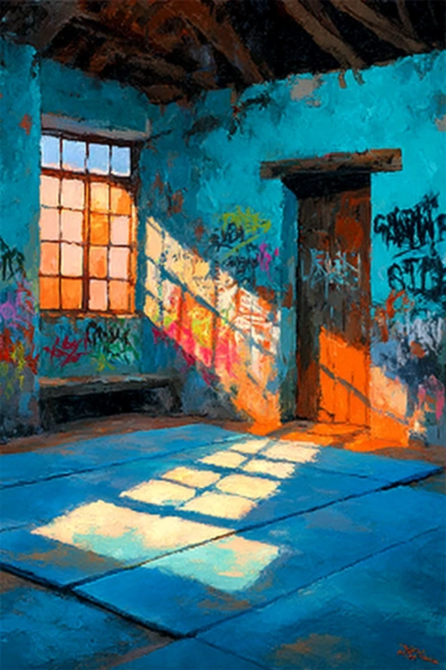 Peaceful Dojo Interior Oil Painting Sunshine Graffiti