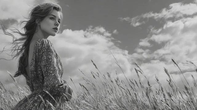 Beautiful Girl in a Field Black and White Photo