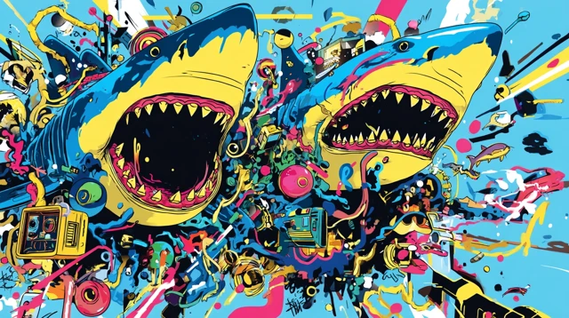 Shark Fight in Coral Reef Colorful Illustration