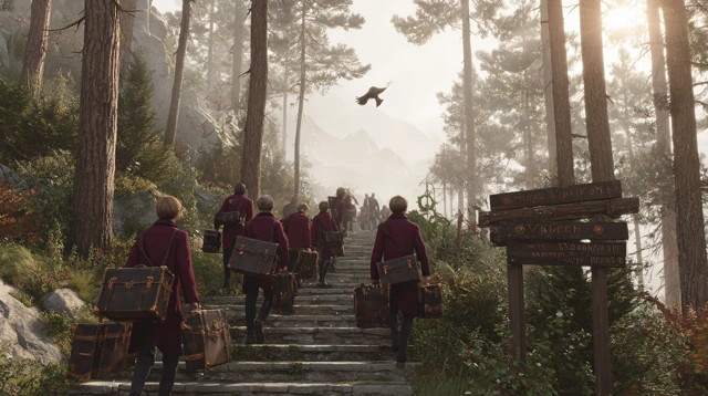Fantasy Students Ascending Stone Staircase
