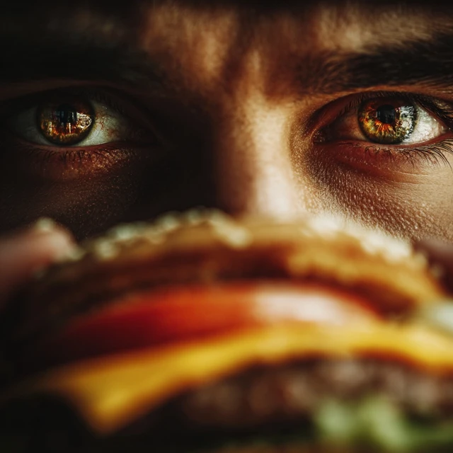 Burger Reflection in Mans Eyes Cinematic Shot