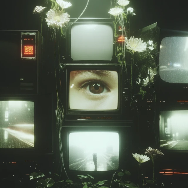 Surreal TV Collage: Dreamlike Scenes and Organic Elements