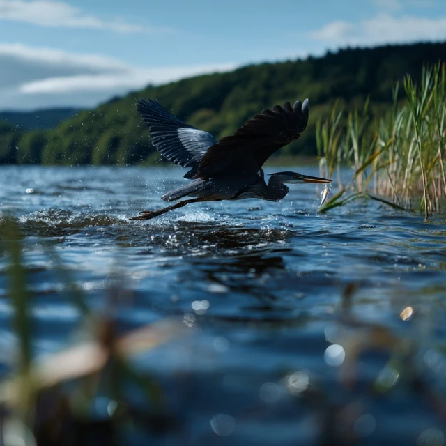Heron Hunting Fish in Shimmering Water