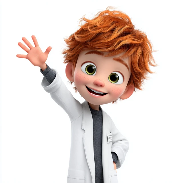 Pixar Boy in Lab Coat Smiling and Waving