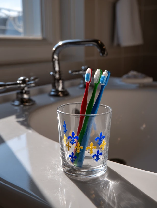 Toothbrushes in Glass Quebec Flag Design Morning Light