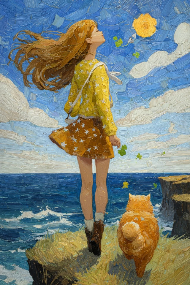 Girl and Cat on Cliffside Painting