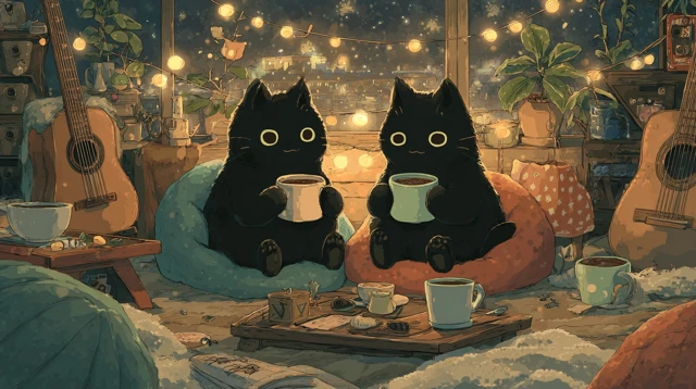 Cozy Evening Two Black Cats Mugs Lights
