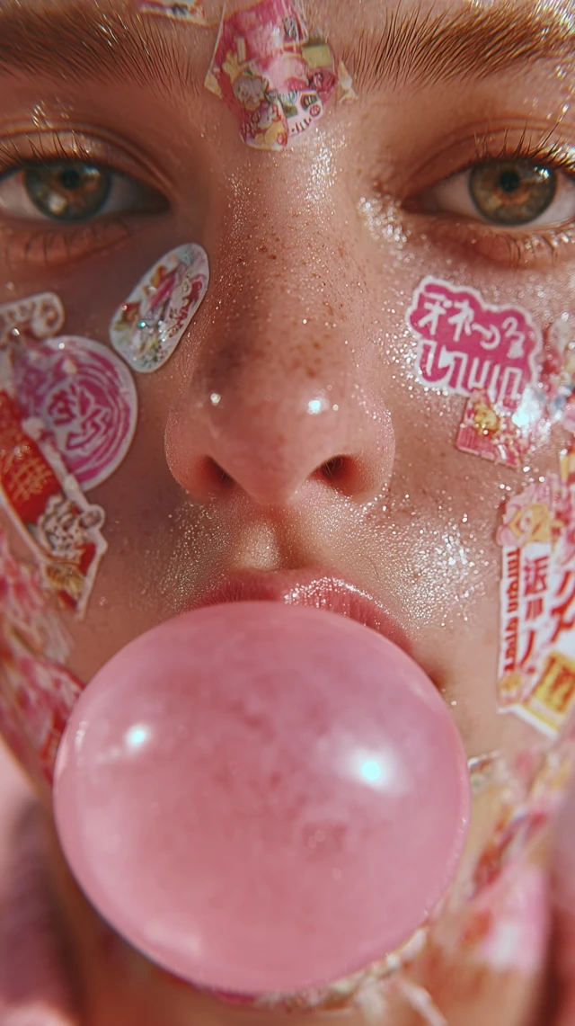Woman with Stickers Blowing Bubble Gum