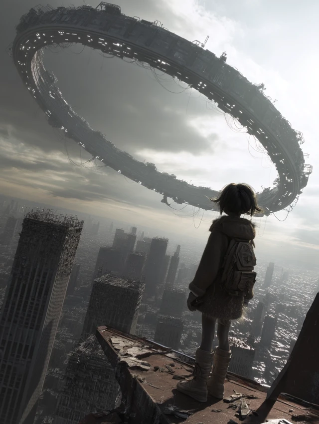 Apocalyptic Girl Gazes at Space Station