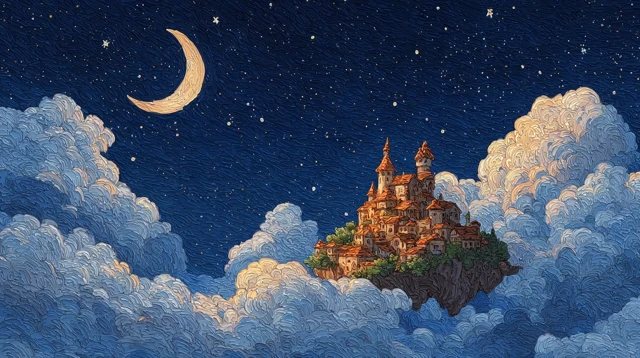 Floating Kingdom in the Clouds Cartoon Illustration