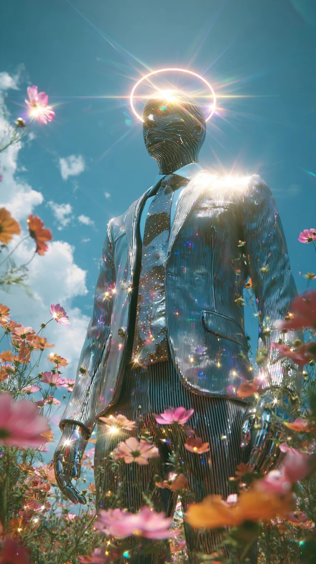 Metallic Mannequin in Floral Field Dreamlike Scene