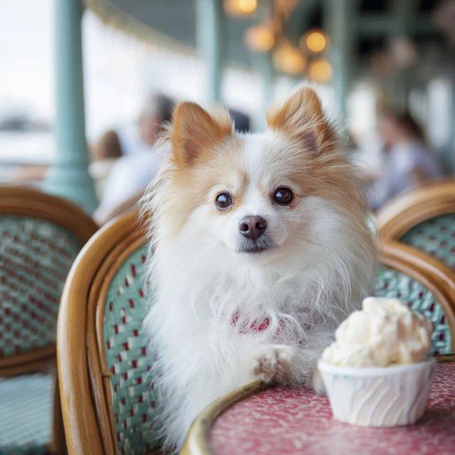 Cute Spitz Dog Enjoying Ice Cream in a Restaurant
