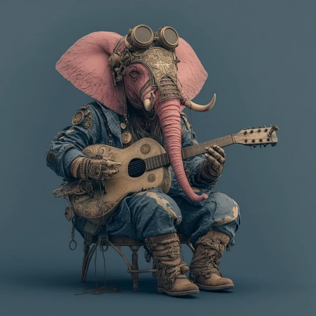 Pink Elephant Playing Guitar Steampunk Style