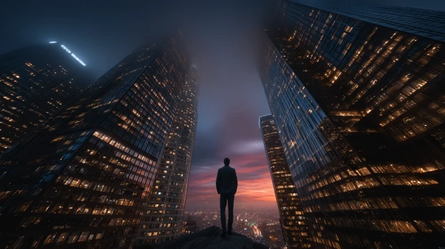 Ambition Cityscape  Lone Figure in Skyscrapers
