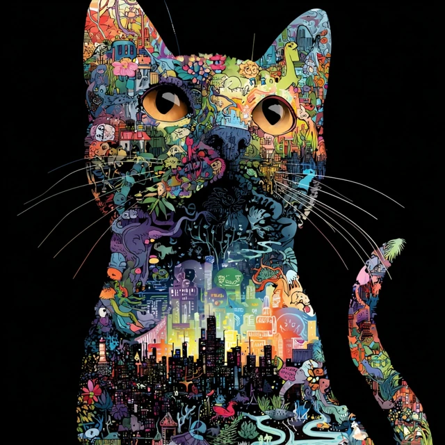 Colorful Cat Art Artistic Black Background