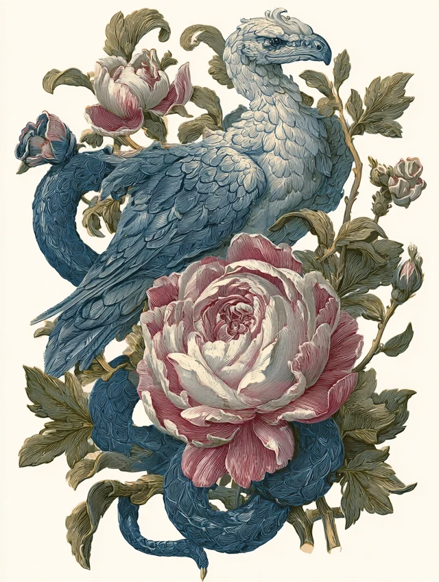 Snake Dove and Rose Old English Illustration