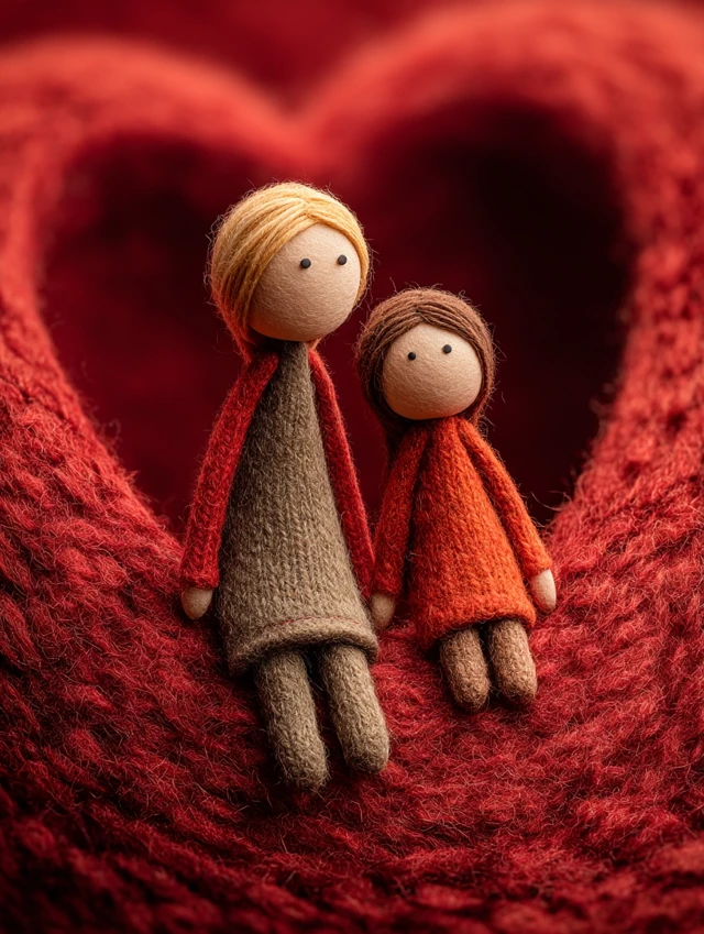 Mother and Daughter Dolls on Red Wool Heart