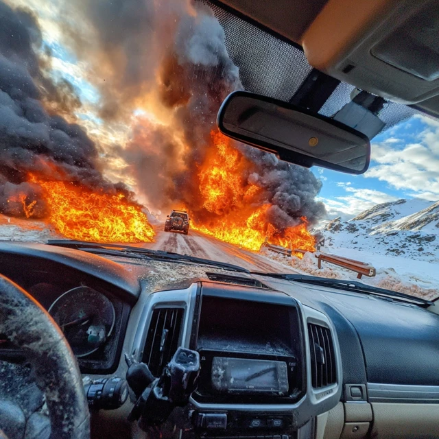 Burning Car Antarctica Dramatic Highway Scene