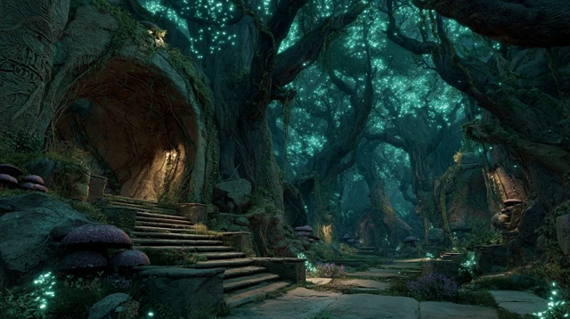 Dreamlike Forest with Glowing Fungi and Mythical Carvings