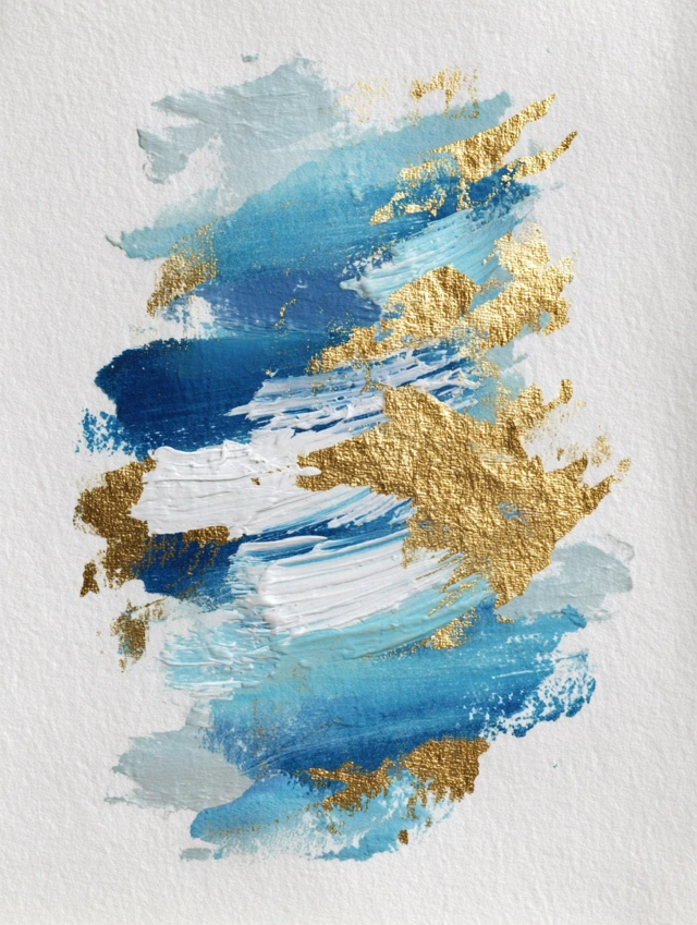 Abstract Brushstroke Art White Blue Gold Foil