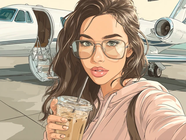 Female Model Selfie Ice Coffee Private Jet