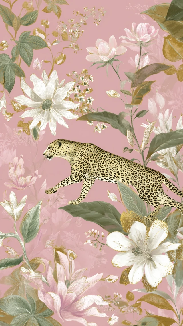 Leopard in Pink Botanical Jungle Art