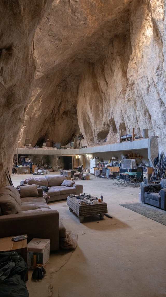 Cave Shelter Living Room - Concrete Walls, Weapons and Supplies