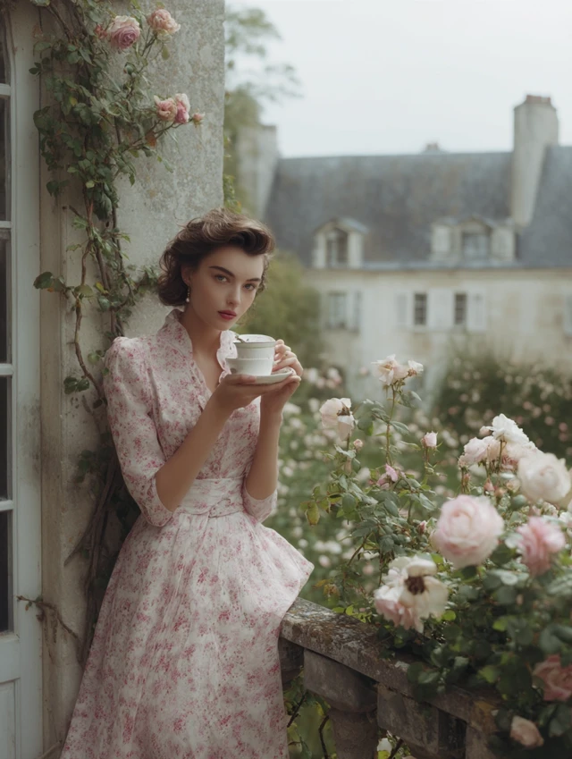 French Woman on Balcony with Coffee and Roses