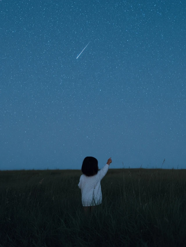 Girl Gazing at Shooting Star Under a Night Sky