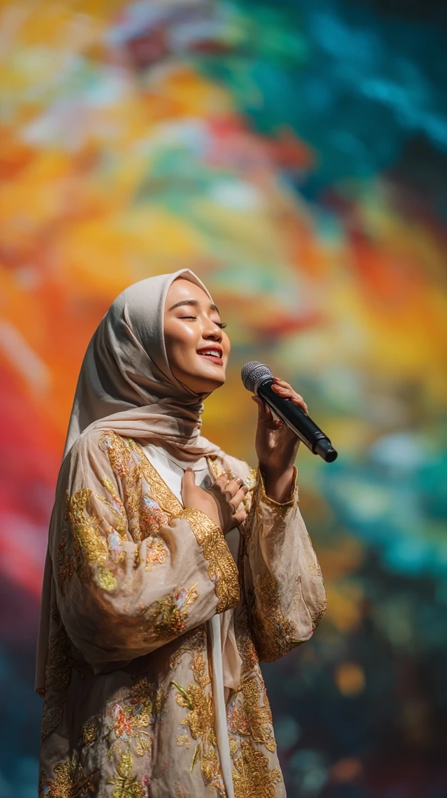 Indonesian Singer on Stage in Traditional Dress