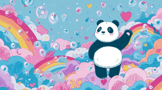 Cute Panda Cartoon Design Love Bubbles Rainbow