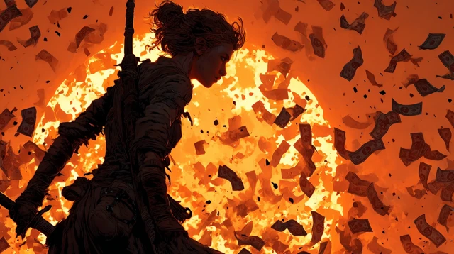 Epic Fantasy Woman Battling a Money Storm