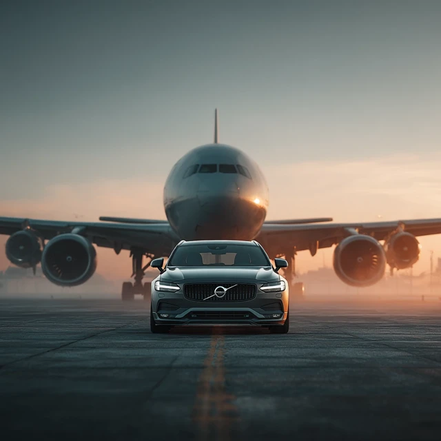 Volvo V90 on Tarmac with Plane Cinematic Photography