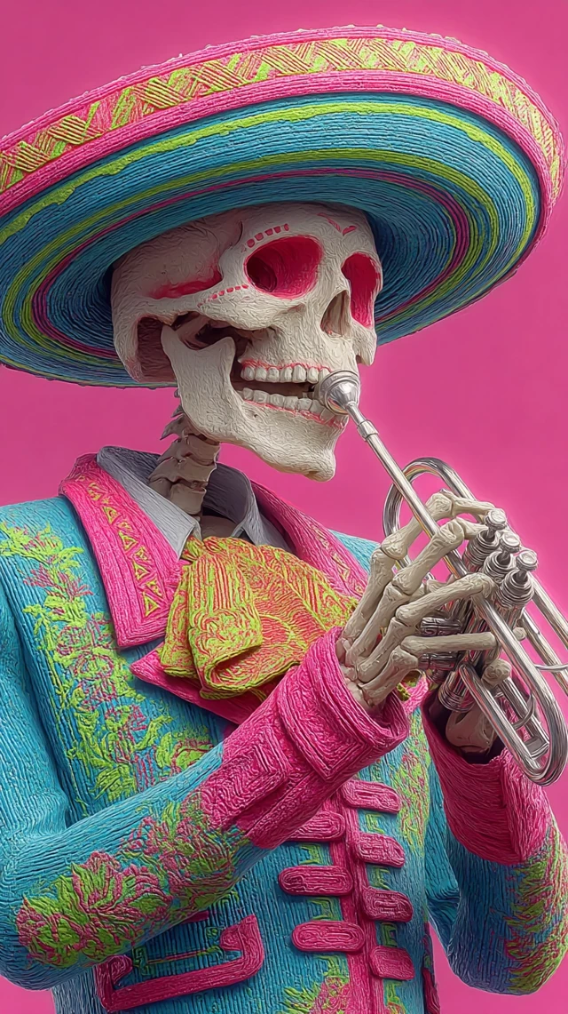 Mexican Skull Mariachi Trumpet 3D Art